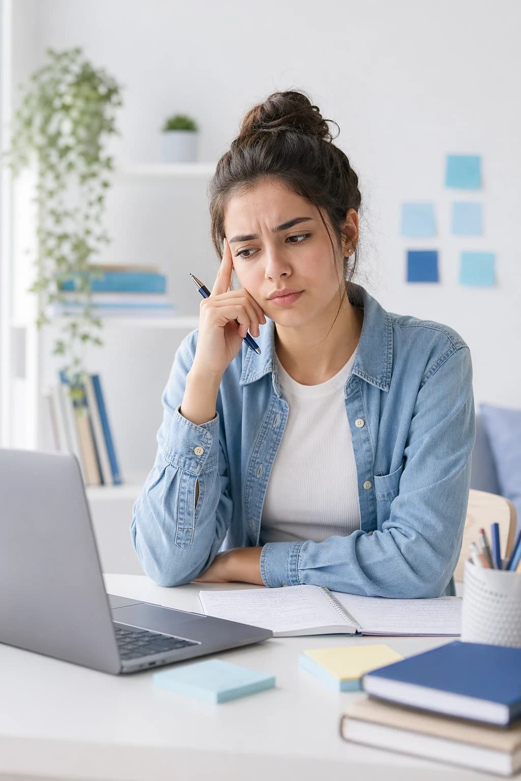 Mulher estudando com expressão de dúvida diante do notebook